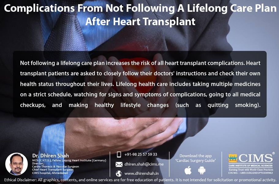 Complications from not following a lifelong care plan after heart transplant.  